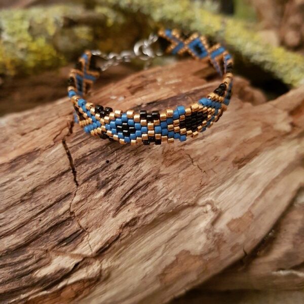 Bracelet tissage plat fin Zig Zag Bleu Noir et Doré chaine acier