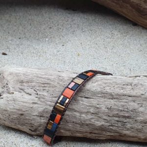 Bracelet  wrap cuir noir – Citrouille – perles carrées – Noir, Rouille, Or, Sunset