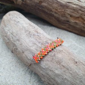 Bracelet  Rectangle – Comanche – mini perles – aléatoire – Orange, Kaki, et Ocre