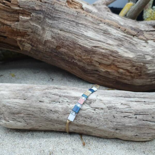 Bracelet  Rectangle – Glacier – perles carrées –  Ardoise, Blanc, bronze reflets