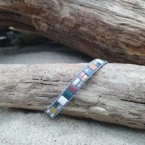 Bracelet  wrap cuir gris- Glacier – perles carrées –  Ardoise, Blanc, bronze reflets