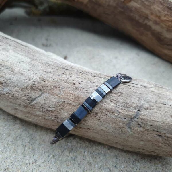 Bracelet Rectangle perles carrées – Tempête –  Noir et gris