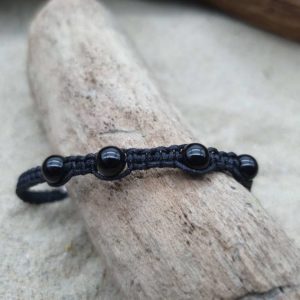 Bracelet Macramé épais  – fil noir – agate noire brillante