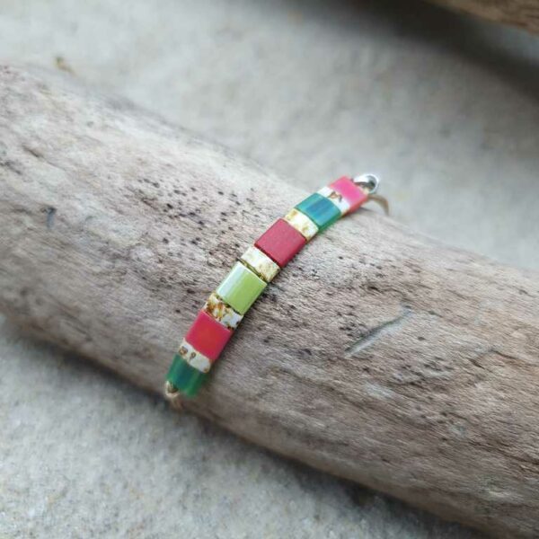 Bracelet  Rectangle – Perles carrées –  Berlingot – Perles carrées – Ecru, Corail, Brique, Vert amande, Vert foncé, et Marbré