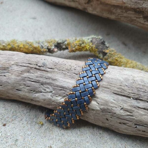 Bracelet Ecailles de Dragon Double – Uni – Perles carrées – Bleu Ardoise et Bronze