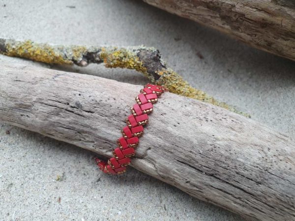 Bracelet Ecailles de Dragon Simple - Uni – Perles carrées – Rouge mat et Bronze