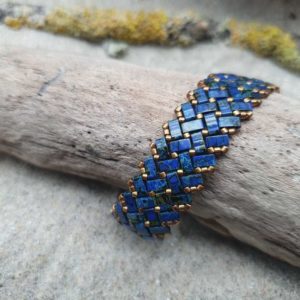 Bracelet Ecailles de Dragon Double – Uni – Perles carrées – Bleu marbré et bronze