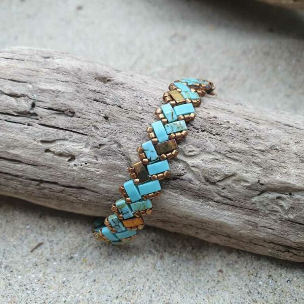 Bracelet  Ecailles de Dragon Simple – Perles carrées – Turquoise, marbré et Doré