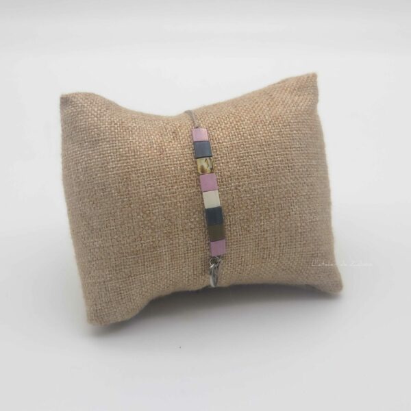 Bracelet  Rectangle – Perles carrées – La Vie en Rose – Rose Ecru Ardoise et Doré