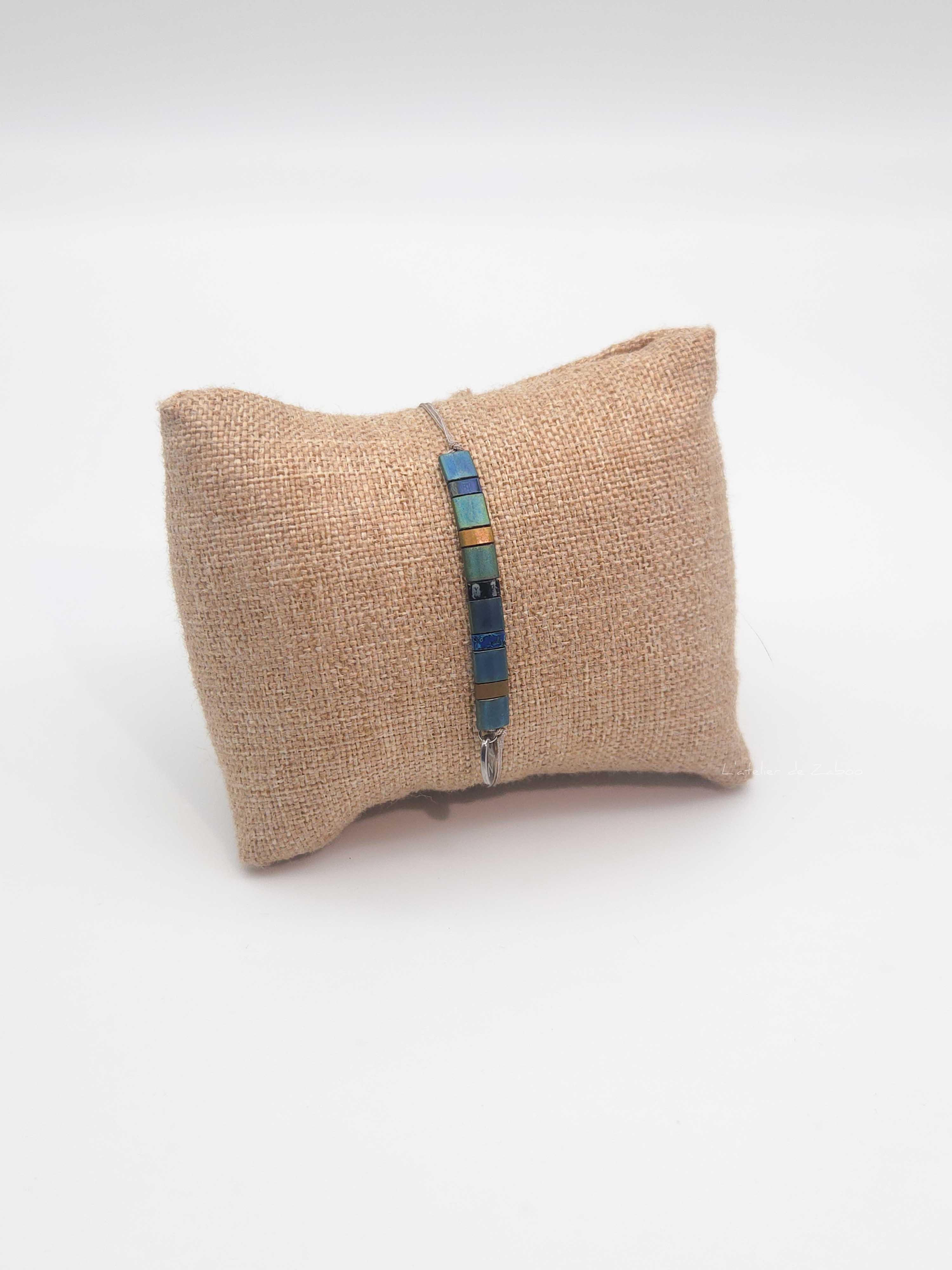 Bracelet Rectangle - Perles carrées – Plume de paon - Harmonie